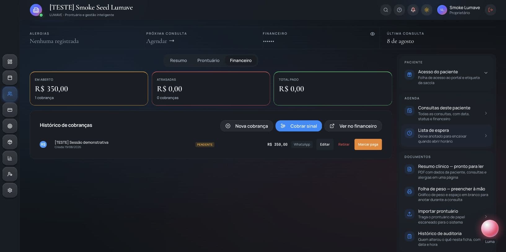 Financeiro da Lumave para um paciente demonstrativo, com uma cobrança de teste pendente de 350 reais